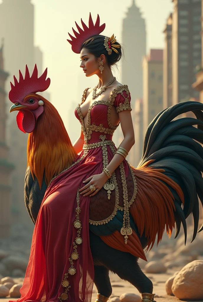 A goddess sitting on a rooster and the background should be of a big city and that goddess should be fully dressed up 3D