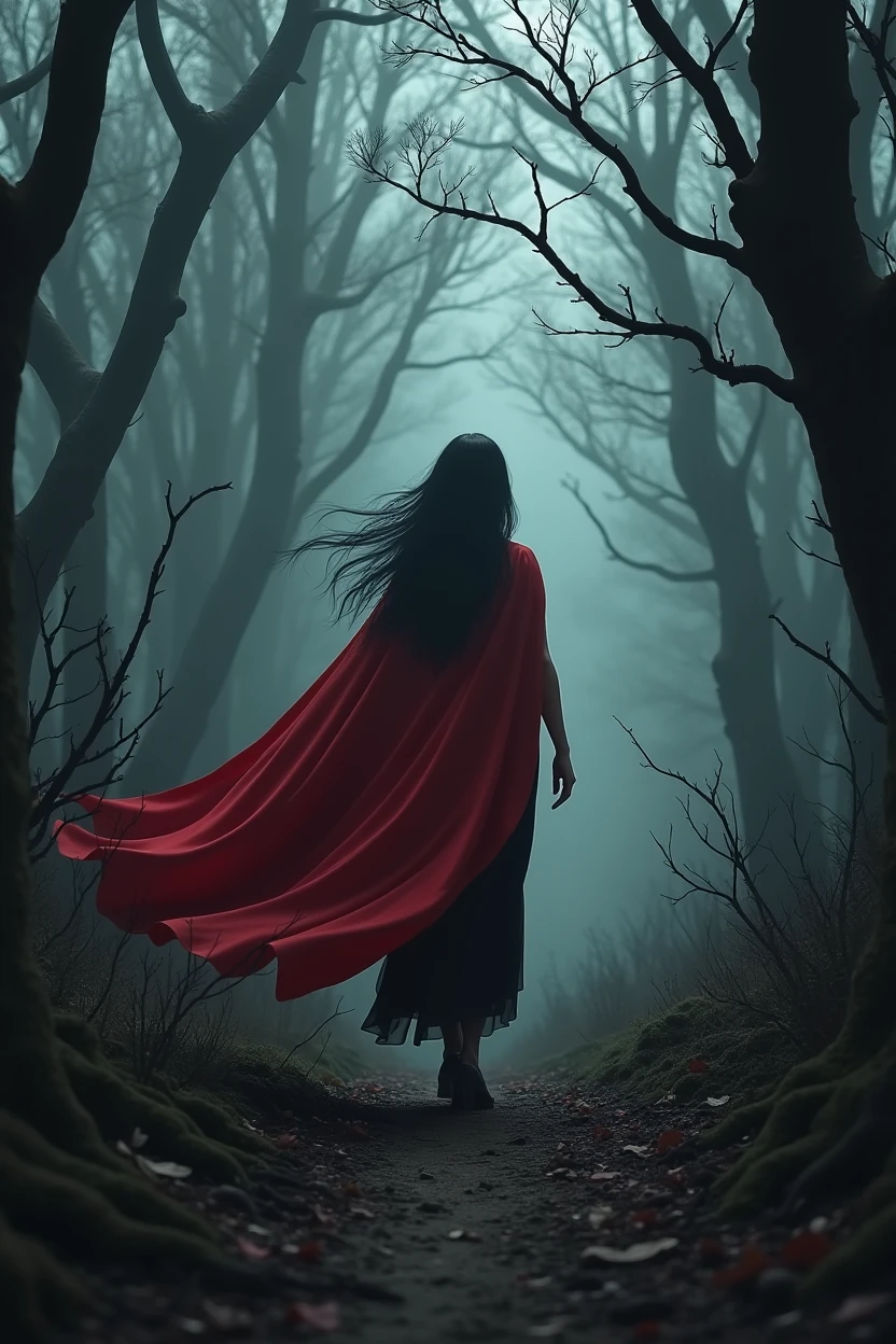 a one woman, with long black hair, wearing a red cape, walking through a dark and gloomy forest 