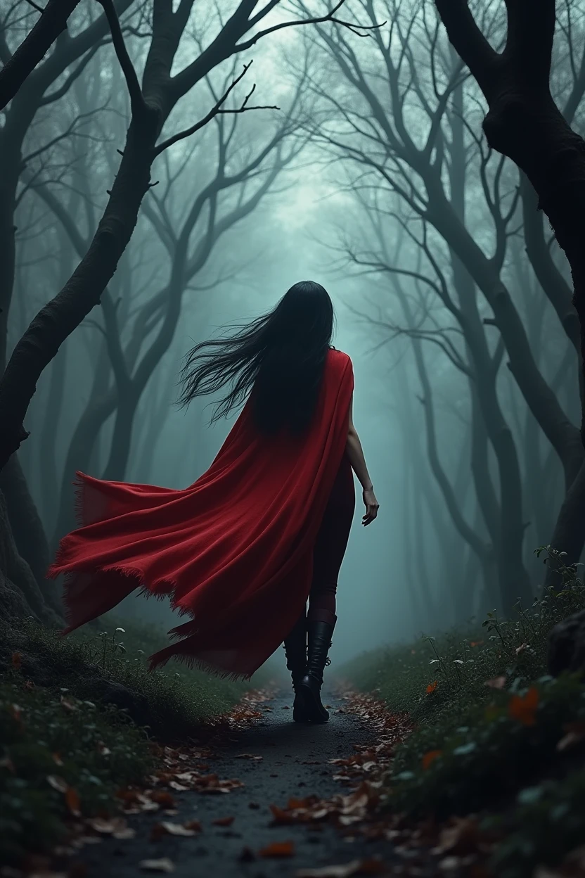 a one woman, with long black hair, wearing a red cape, walking through a dark and gloomy forest
