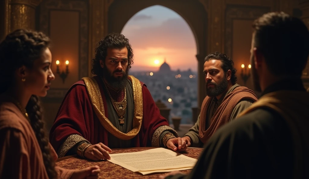 Create a realistic cinematic scene that portrays the tension and betrayal at a pivotal moment in biblical history. En el centro de la imagen, Davi, with a calculating and dark expression, is in a luxurious palace environment, surrounded by advisors. He holds a scroll, where are the orders to send Uriah to the front line of battle. No fundo, a window reveals a view of the city of Jerusalem at dusk, symbolizing moral corruption. to the left, a subtle image of Bathsheba, looking anxiously, symbolizes her role as a lover and the coming tragedy. The scene should capture the duality between power and guilt, with a dark color palette and deep shadows to accentuate the mood of internal conflict and despair."