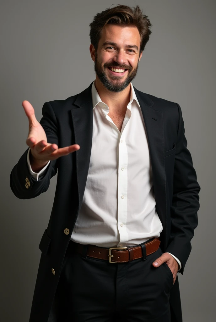 PICTURE REALISTIC, a man with his hand extended forward as if asking, wearing a formal blouse and coat, showing from the waist up, smiling and looking forward