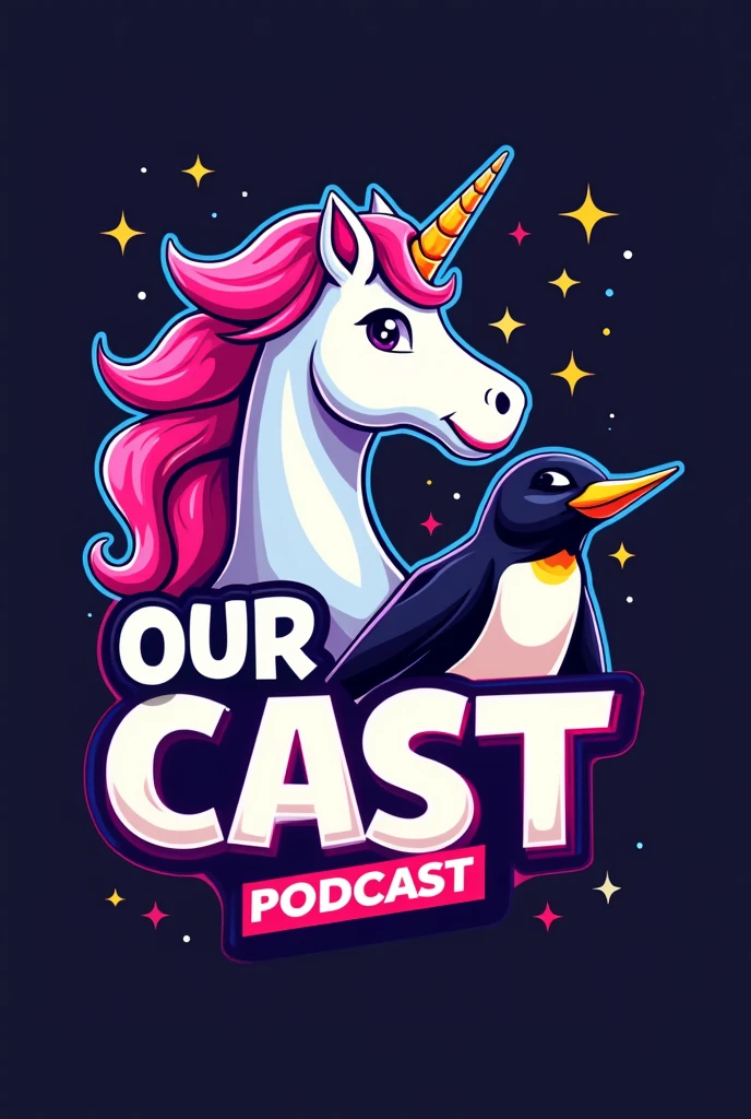 make a podcast logo image with the name "OUR CAST" with flashy colors and a pink unicorn mascot and a horny penguin