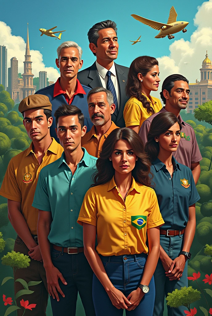 make an image representing several professionals from Brazil with the President of the Republic, journalist Ministers of the STF, field workers, etc... a very Brazilian image