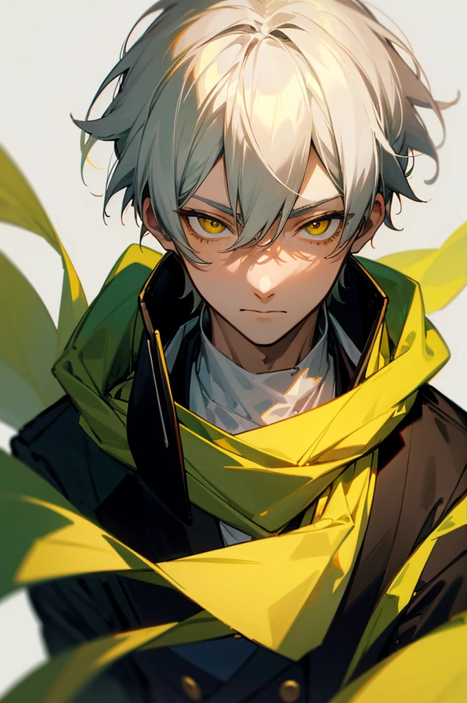 1 boy, inumaki toge, White hair Dark green scarf, Black jacket, White T-shirt, Yellow Eyes