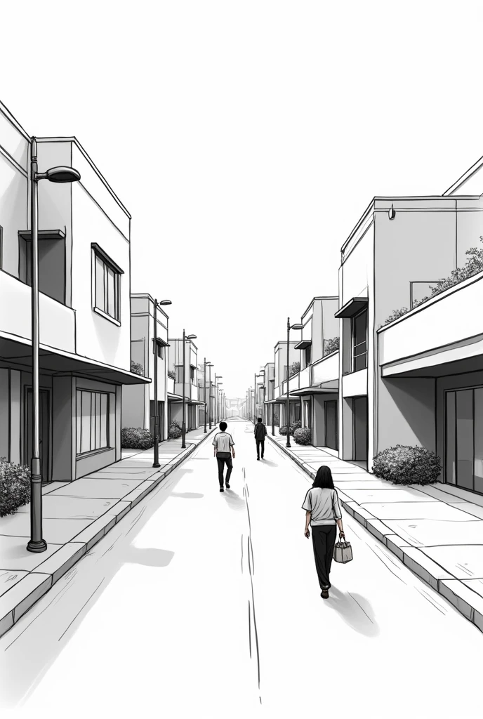 Create an easy urban landscape for a 6th high school student on black and white paper