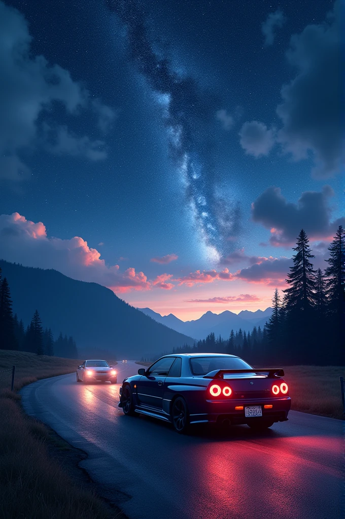 Make me a realistic Nissan skyline on a road with a very beautiful landscape and a starry sky