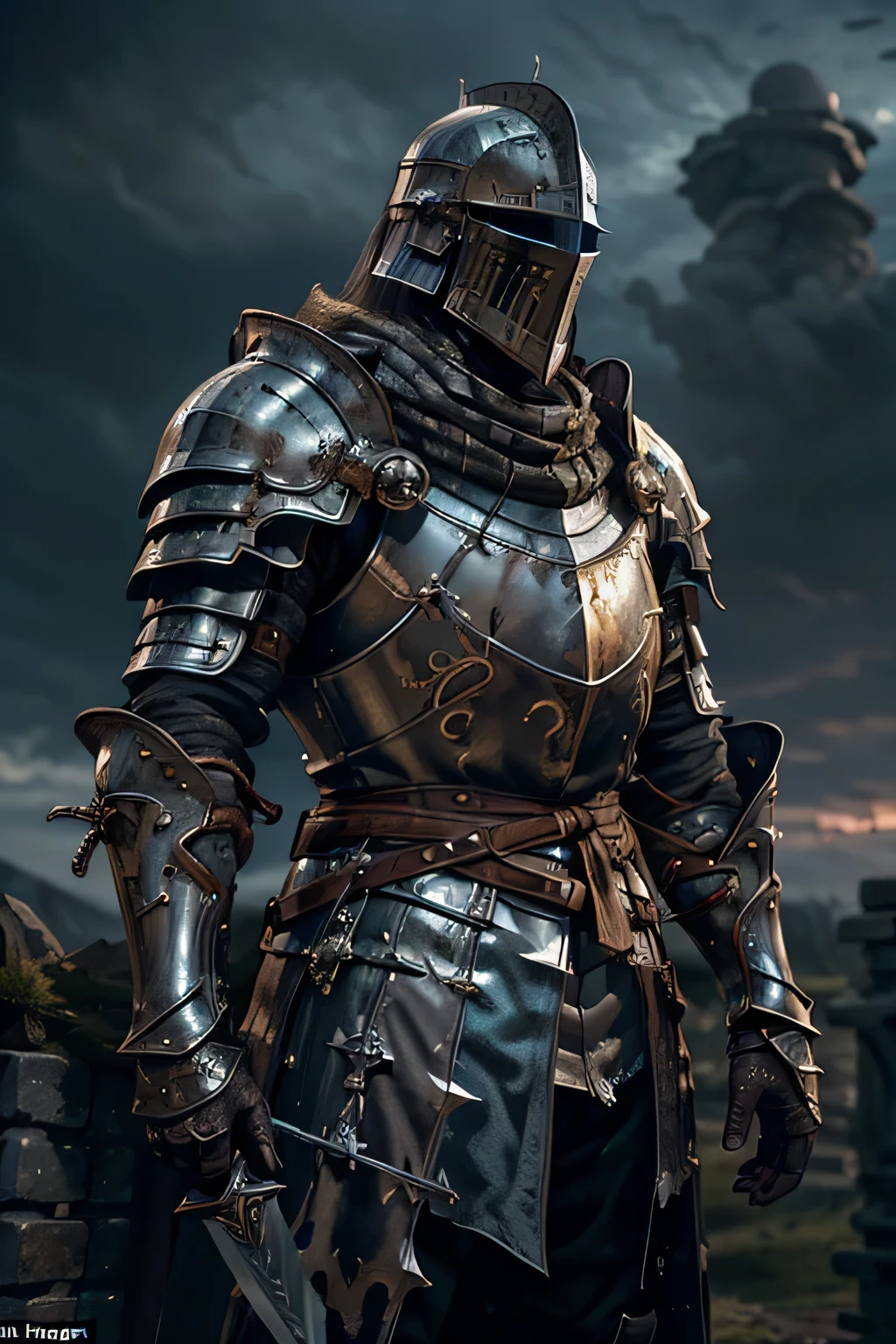 A male knight in aged, silver armor stands atop a crumbling castle wall, his posture stoic despite the weight of the world on his shoulders. His armor is heavily dented and marred from endless battles, with chains hanging loosely from his waist. A massive greatsword rests in his hands, the blade cracked and covered in dark ichor. Behind him, a tattered blue banner, almost indistinguishable, flaps weakly in the cold wind. The scene is set during twilight, where the sky is a mix of deep purples and ominous blacks, hinting at an approaching storm. The image captures the somber, melancholic essence of Dark Souls, emphasizing the knight's lonely struggle.