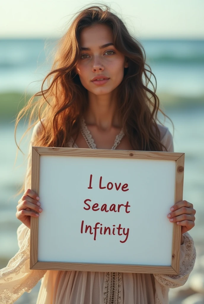 Beautiful girl with wavy long hair, bohemian dress, holding a white board with text "I Love Seaart Infinity" and showing it to the viewer
