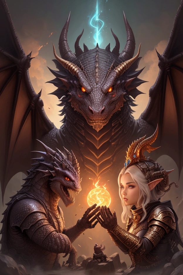 There is a dragon with a big head and a huge body., Epic Fantasy Card Game Art, highly detaileD fantasy art, detailed digital 2D fantasy art, Epic fantasy work, detaileD fantasy art, Epic Fantasy Card Game Art, Dungeon&dragon fantasy art, surreal d & D fantasy art, Symmetrical and gorgeous fantasy art, Cyborg Dragon Portrait