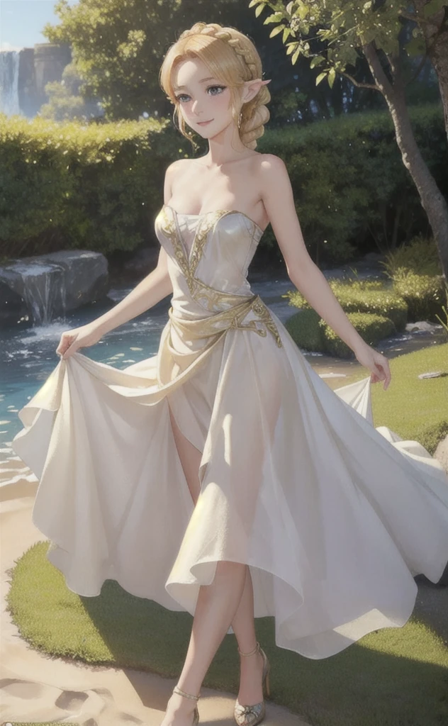 A beautiful, slender girl in a dynamic pose and angle, with a mature body and small breasts, facing the viewer with a smirk, blushing, her blonde hair in a crown braid, wearing a strapless dress with bare shoulders, set in an outdoor environment, inspired by the character Princess Zelda from The Legend of Zelda: Tears of the Kingdom, with 