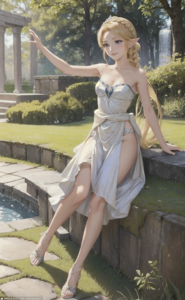 A beautiful, slender girl in a dynamic pose and angle, with a mature body and small breasts, facing the viewer with a smirk, blushing, her blonde hair in a crown braid, wearing a strapless dress with bare shoulders, set in an outdoor environment, inspired by the character Princess Zelda from The Legend of Zelda: Tears of the Kingdom, with 