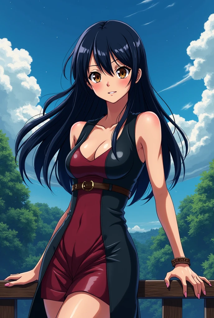 (anime art style) nico robin (One Piece), with long dark blue almost black hair, eyes browns, blushing expression, dynamic pose, standing on a terrace,but a little curved ,chest top,jiangshi, Qing_Guanmao, nightfall, 