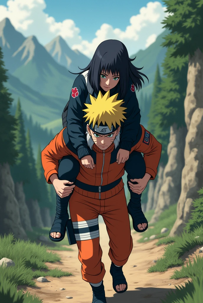 Naruto carrying Satsuki Uchiha on his back