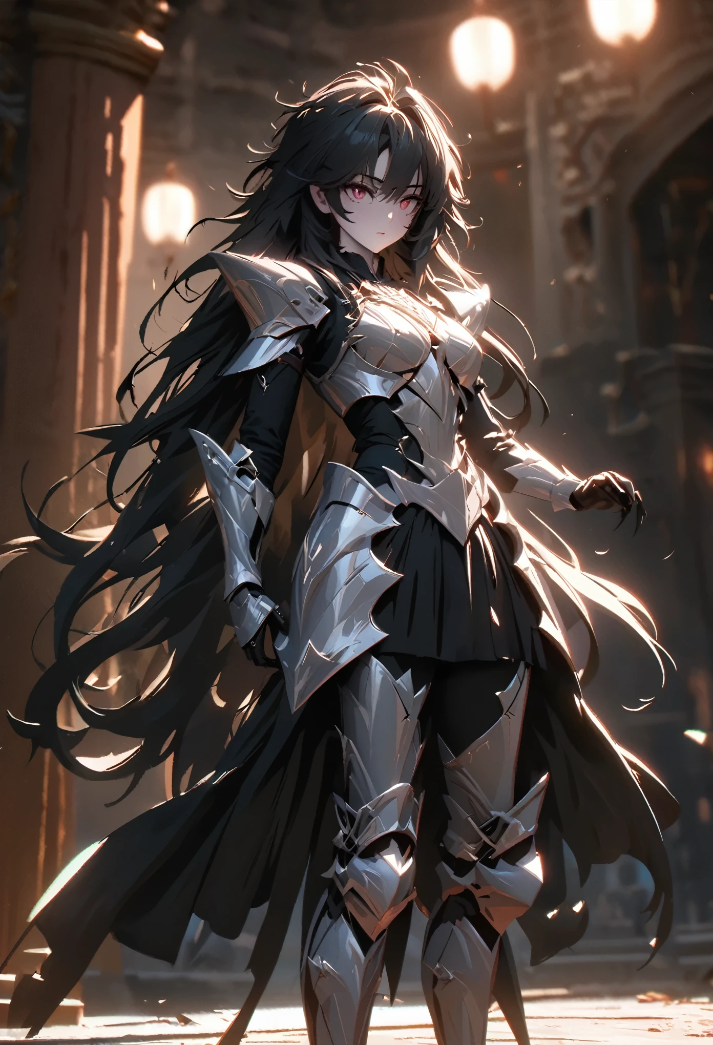 (standing alone), Bblack hair, Messy hair, naughty mane hair, extra long hair, Dense hair, wild hair, expressive hair, mellow,(age 25), pale skin, Eyes red, ((naughty man)), wearing silver armor, armored weapons, armored legs, claws,, comely, appealing, eye reflection, Depth of field, Thunder Aura,cinematic lighting, ray tracing, Depth of field, cinematic lighting, ray tracing, ultra HD, High details, best qualityer, high resolution, high qualiy, awardwinning, super detaill, work of art, 8k, ultra HD, High details, best qualityer, high resolution, high qualiy, awardwinning, super detaill, work of art, 8k, digitl art, anime coloring, shot on the body, good face, face perfect, face detailed, good eyes
