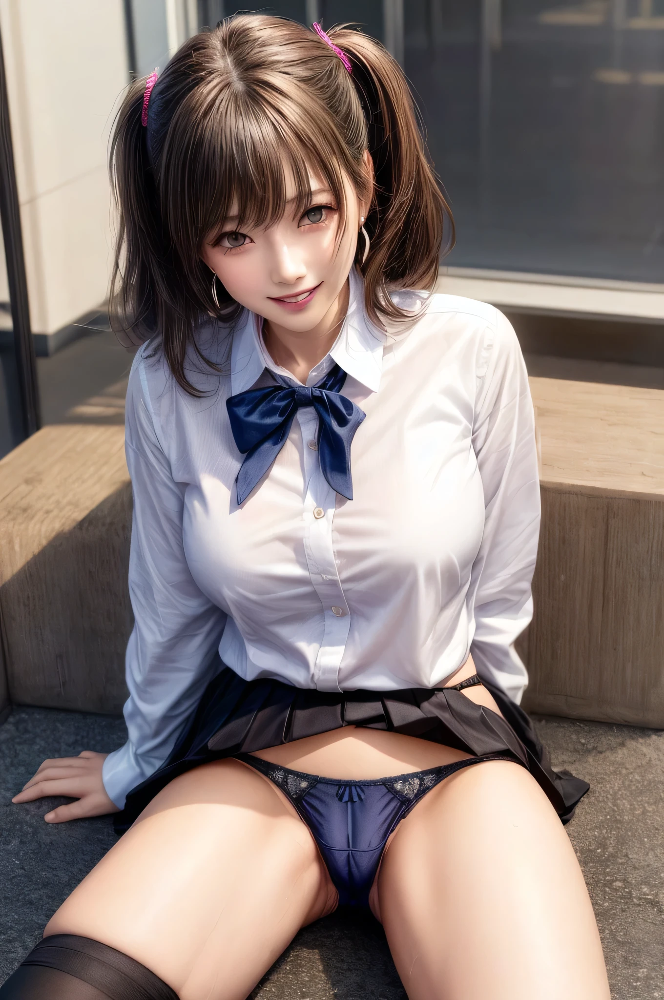 Kujikawa Def,Twin tails,school uniform,Seraph of the Black,Long sleeve,skirt,Knee socks,jewelry,Earrings,Straddle,
Highest quality, Very detailed, masterpiece, Absurd,8k,   photoRealistic, Realistic,Detailed skin texture,Detailed pupil,High resolution,Natural light,
One girl,alone,(Happy:1.1),(smile:1.2),short hair,Brown Hair,(Angular face:1.2),Shining Face,Large Breasts, Tight waist, Lip Makeup,Wet shirt,Spread your legs,(I can see her panties:1.5)Bra is visible,(Orgasm:1.5)