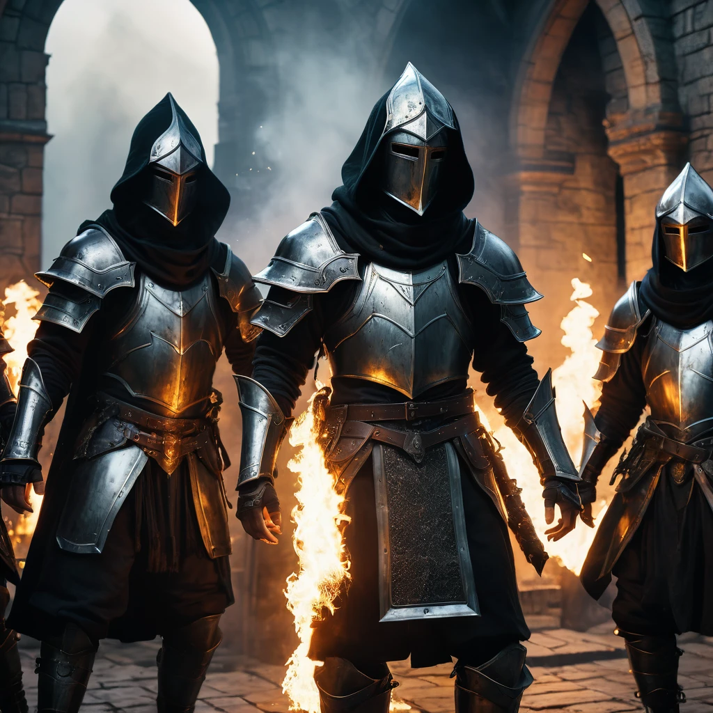a group of battle mages in heavy armor, closed helmets, casting powerful fireball spells, storming a dark fantasy mansion in a grim middle ages setting, one necromancer in a black hoodie, hyper-realistic, cinematic, dramatic lighting, moody atmosphere, detailed textures, sharp focus, 8k, high quality