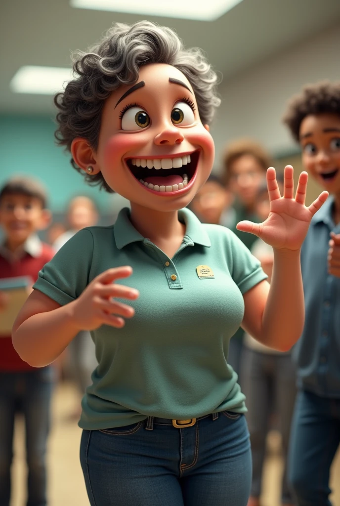 Middle-aged woman with short curly hair and a horse-toothed smile with a wide torso and thin legs in a polo shirt and jeans at school talking loudly
