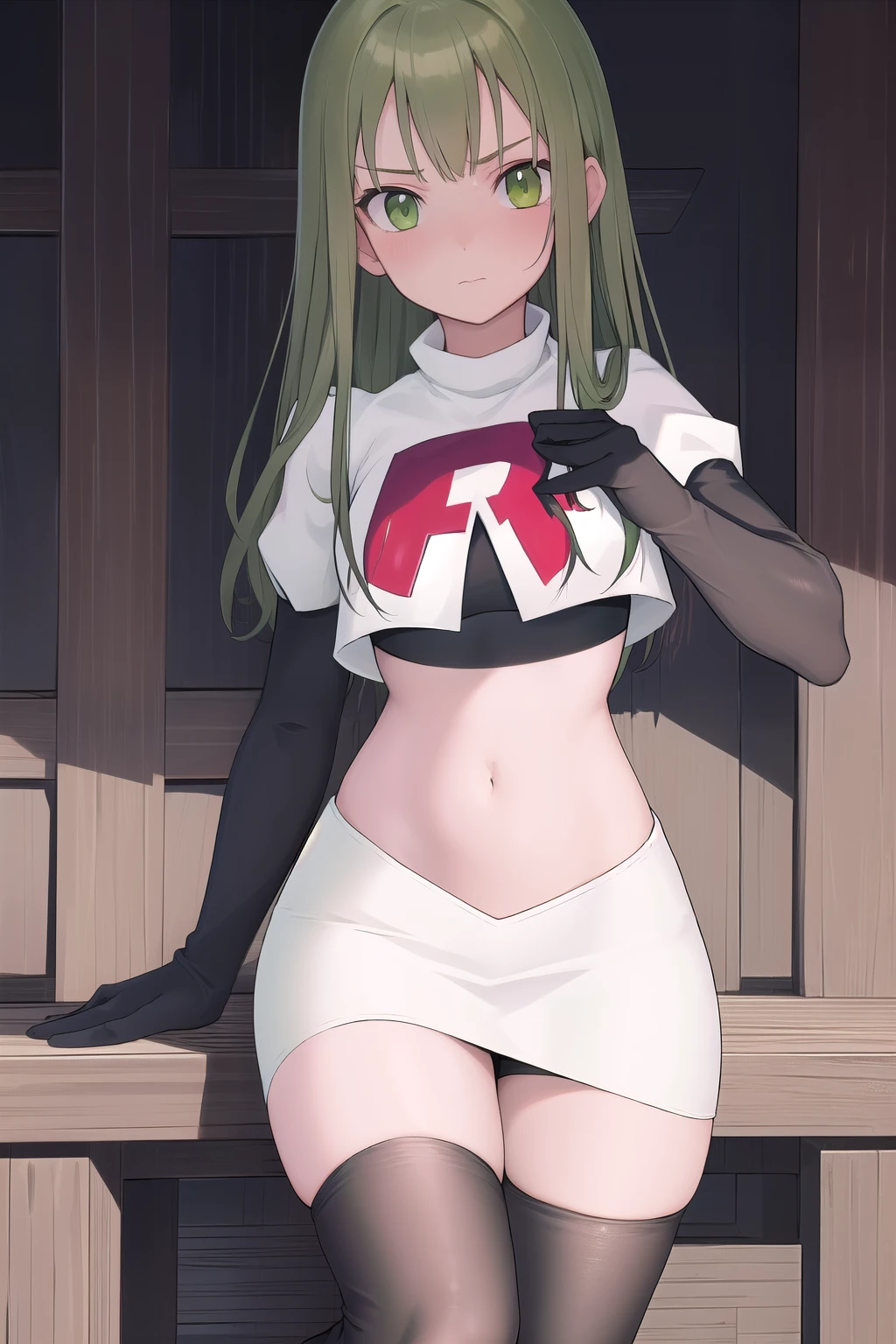 masterpiece, best quality, 1girl, solo, looking at viewer, blush, sitri, green eyes,green hair,team rocket,team rocket uniform,white skirt,red letter R,crop top,black thigh-highs,black elbow gloves