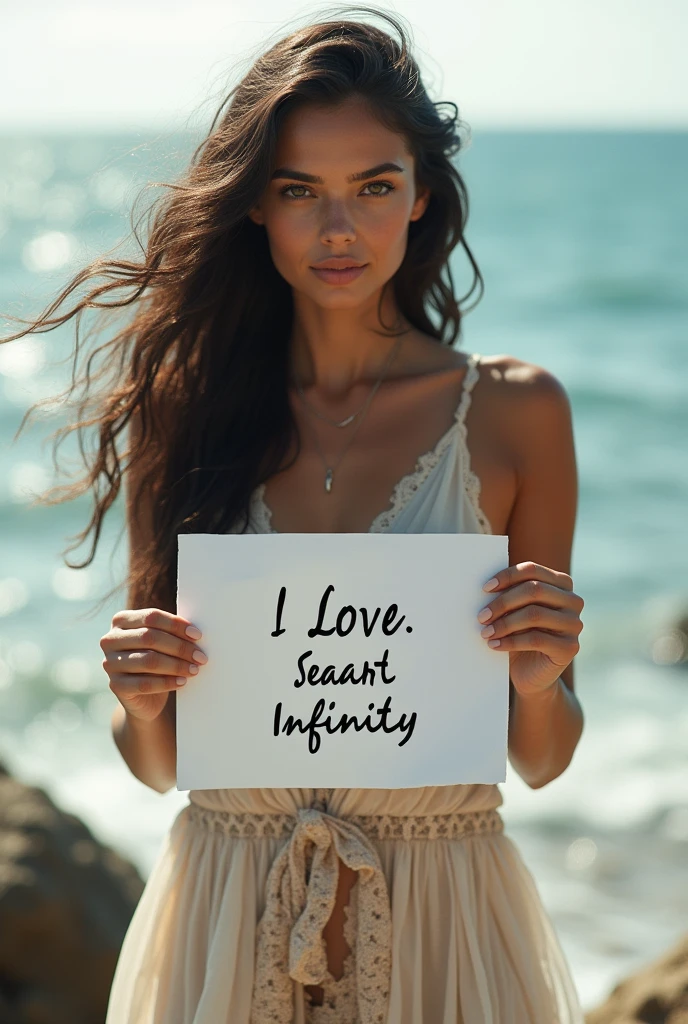 Beautiful girl with wavy long hair, bohemian dress, holding a white board with text "I Love Seaart Infinity" and showing it to the viewer