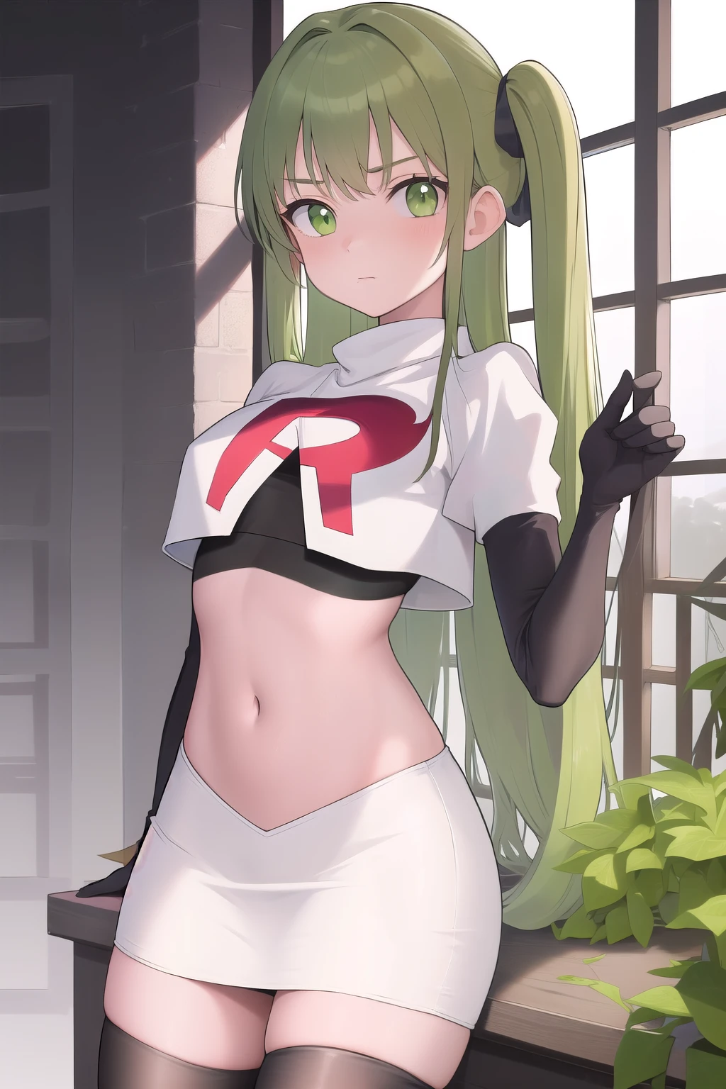 masterpiece, best quality, 1girl, solo, looking at viewer, blush, sitri, green eyes,green hair,team rocket,team rocket uniform,white skirt,red letter R,crop top,black thigh-highs,black elbow gloves