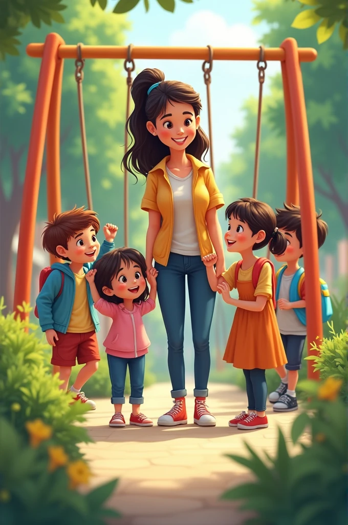 Help me create an image of a teacher with children in a school playground