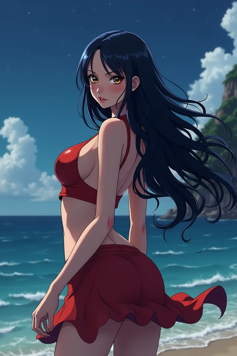(anime art style) nico robin (One Piece), with long dark blue almost black hair, eyes browns, blushing expression, dynamic pose, standing on the beach,breast curtains,jiangshi, Qing_Guanmao, nightfall