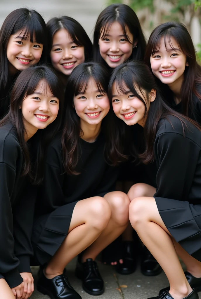 Group of school girls in black skirts and black cropped sweaters crouching smiling 