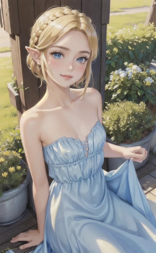(masterpiece, best quality:1.4), Young blonde beauty, (((18 years old, neat girl))), detailed blue eyes, long eyelashes, blush, kind smile, horny, upper body, small ass, round ass, wearing a princess Zelda dress, (looking at viewer), beautiful blonde hair, white-skinned, (bangs:1.3), ponytail, (medium size breasts), (mushroom forest, celestial forest, beautiful and magnificent pink sunshine, majestic sky), natural light, pastel colors