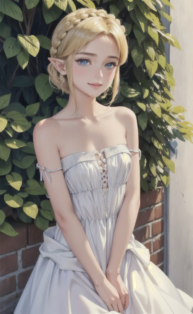 (masterpiece:1.2, best quality),(beautiful), (extremely detailed), (beautiful detailed face, beautiful detailed eyes), (ultra-detailed), 1girl, smirk, slender, dynamic pose, dynamic angle, cowboy shot, mature body, small_breasts, flat_chest, facing viewer, blush, ^ ^, outdoor, ZeldaTOTK, princess zelda, blonde hair, crown braid, short hair, strapless, bare shoulders, dress, braid, strapless dress, blue eyes,