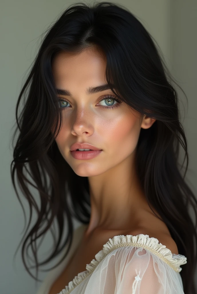 25 year old woman with black hair, blue eyes and a beautiful mouth