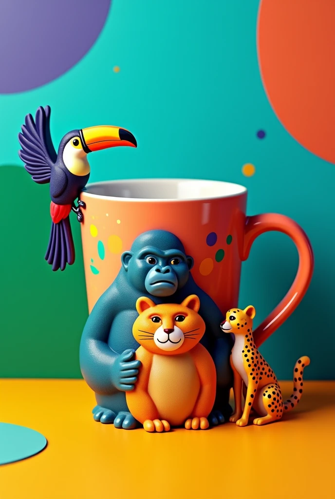 Coffee cup  with blue /mint green, purple , green and orange colours ☕ 

Coffee plate colorful 
Coffee cup with Toucan and  gorilla and cheetah
More imaginative and colourful 