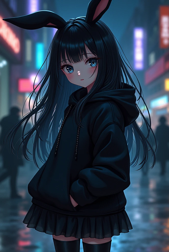 1 girl、masterpiece, highest quality, very detailed、black hair、long hair without bangs、Shiny flowing hair、black eyes、Tree eyes、black colored hoodie with bunny ears, black skirt、black thigh high tall boots with heel、diagonal angle、midnight、Background of the city