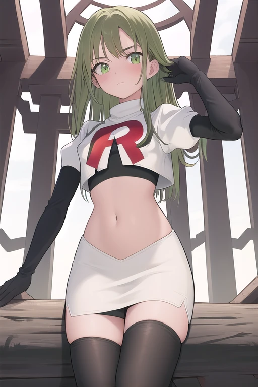 masterpiece, best quality, 1girl, solo, looking at viewer, blush, sitri, green eyes,green hair,team rocket,team rocket uniform,white skirt,red letter R,crop top,black thigh-highs,black elbow gloves