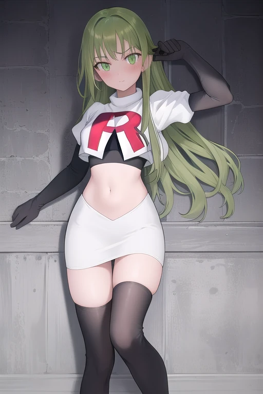 masterpiece, best quality, 1girl, solo, looking at viewer, blush, sitri, green eyes,green hair,team rocket,team rocket uniform,white skirt,red letter R,crop top,black thigh-highs,black elbow gloves