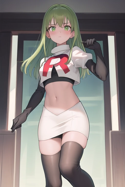 masterpiece, best quality, 1girl, solo, looking at viewer, blush, sitri, green eyes,green hair,team rocket,team rocket uniform,white skirt,red letter R,crop top,black thigh-highs,black elbow gloves