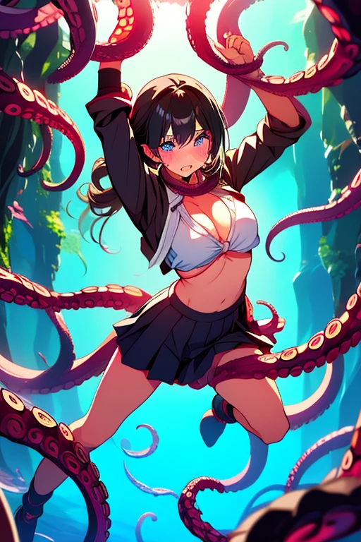 32K, anime style girl, shiny jet black hair, with side ponytail, crystal blue eyes, daring 25 years, big breasts,   busty, neckline, (black bra), bloomed shirt , broken shirt, White shirt, mini skirt, of torn pleat, with open mouth,  lips parted, (blush:1.3), looking tantalizingly at the viewer, in front of the viewer, bright Eyes, collar, earrings, wearing black choker, NFSW, bdsm, bound, restrained, (((too many tentacles, tentacles,bound wrists by tentacles, bound ankles by tentacles, bound torso by tentacles, arms up, hanging, legs up, full body))), midair, swamp, outdoors, tree, tentacles around.