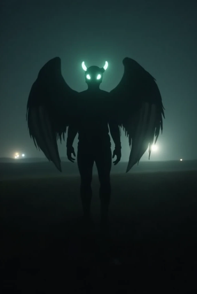 A nighttime image that looks like it was taken with a low-quality cellphone camera. The scene is dark and grainy, capturing a mysterious figure of the Mothman. He is standing in an open field, with glowing eyes and wings that stand out against the dark sky. The figure is tall, with a haunting silhouette, partially illuminated by distant lights. The overall feeling of the image is suspenseful, as if the figure is about to vanish into the darkness.
