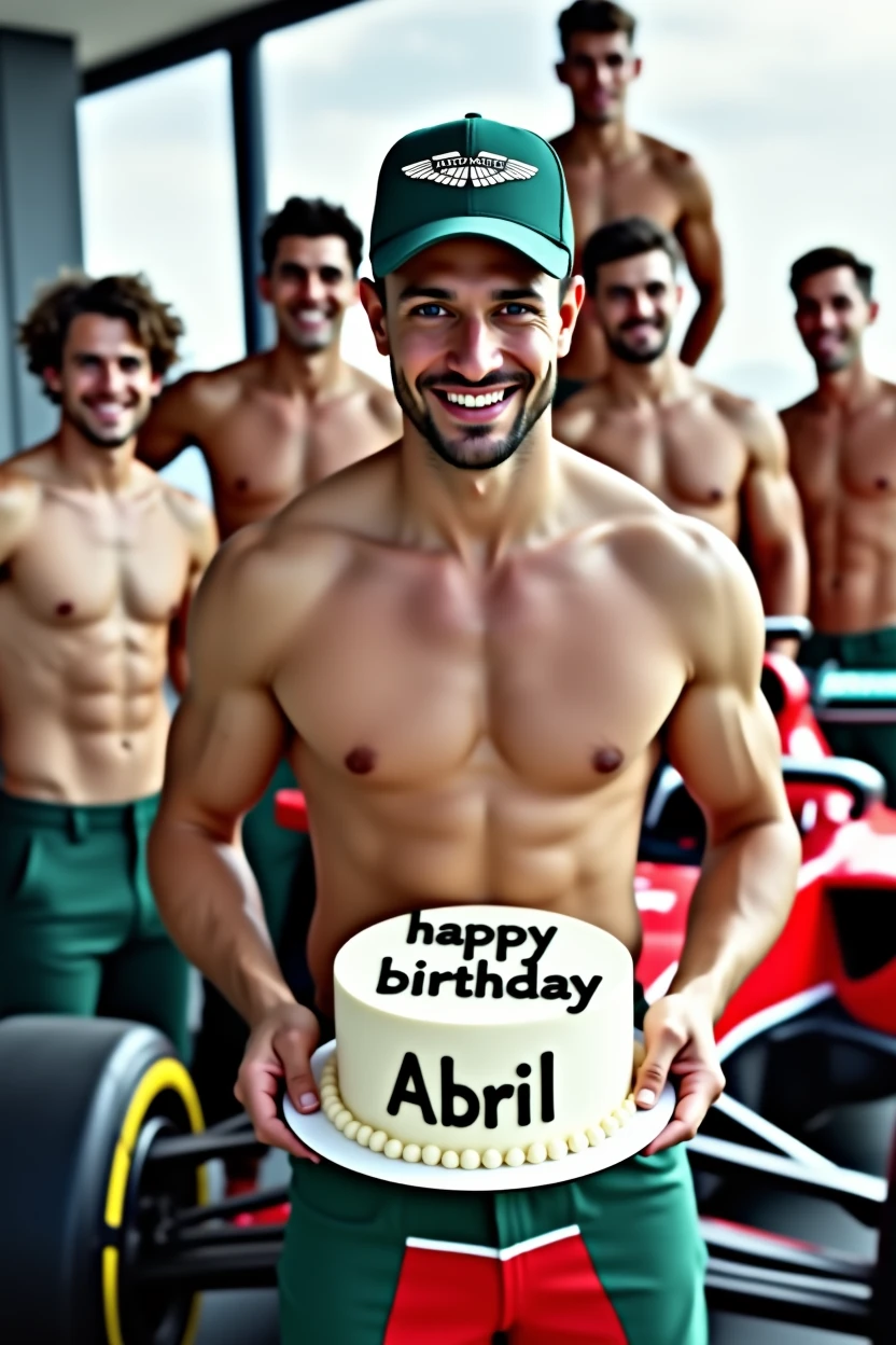 a muscular man without a shirt wearing the cap and pants of the Aston Martin F1 team of the year 2023 offering a birthday cake with the name "happy birthday Abril" on the cake. In the background of the image a group of shirtless young men on top of a Formula 1 car
