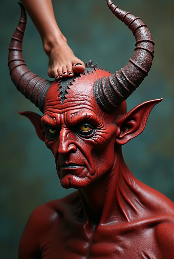 Devil with a cracked head with one foot on top of his head