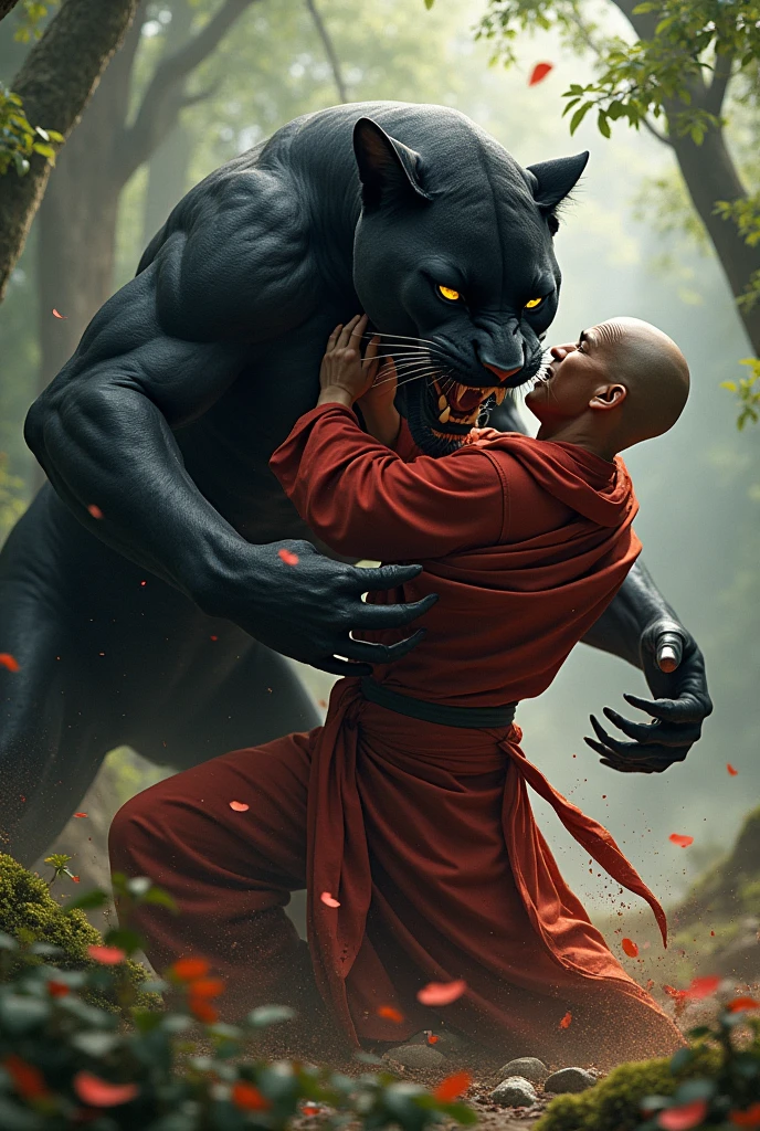 A black panther fighting with black clothed buddhist monk, and monk hands are inside of the panther ,  panther and monk bleeding lots of blood , location is beautiful natural forest, and monk got cuts on his neck and panther claw marks on his forearms, should be look like realistic