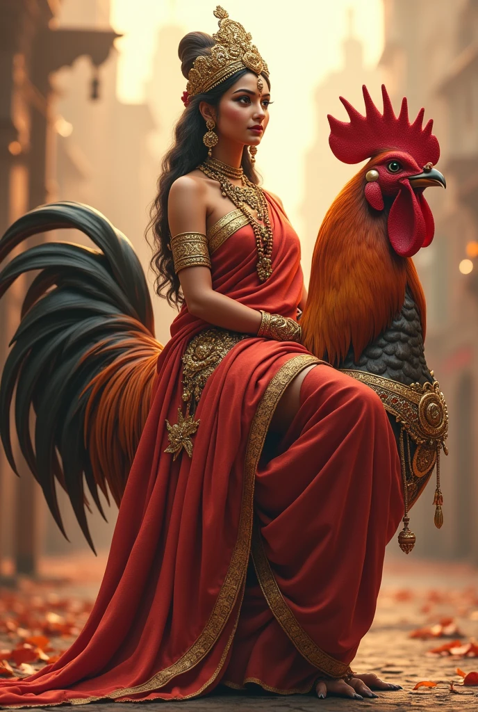 A goddess sitting on a rooster and the background should be of a big city and that goddess should be fully saree costume up 3D