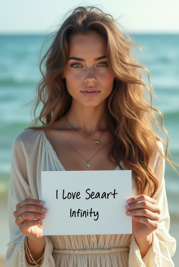 Beautiful girl with wavy long hair, bohemian dress, holding a white board with text "I Love Seaart Infinity" and showing it to the viewer