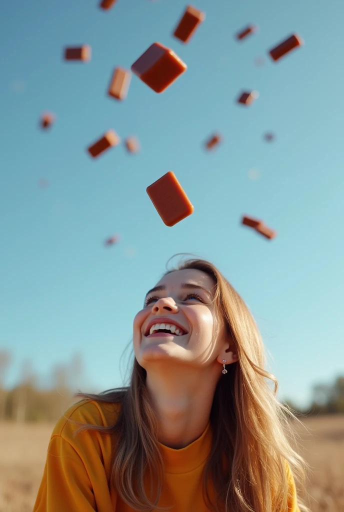 rectangular brown candy falling from the sky and person looking and catching it smiling