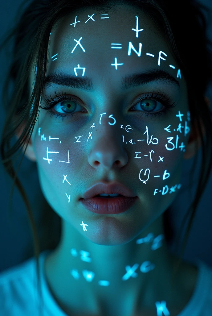 close up of a woman's face, glowing green holographic equations projected onto the skin. intense gaze, Realistic resources. darkness background, cyberpunk aesthetic. Luminous mathematical formulas, handwritten style. futurist, High-tech atmosphere. Photorealistic rendering, dramatic lighting, sharp contrast