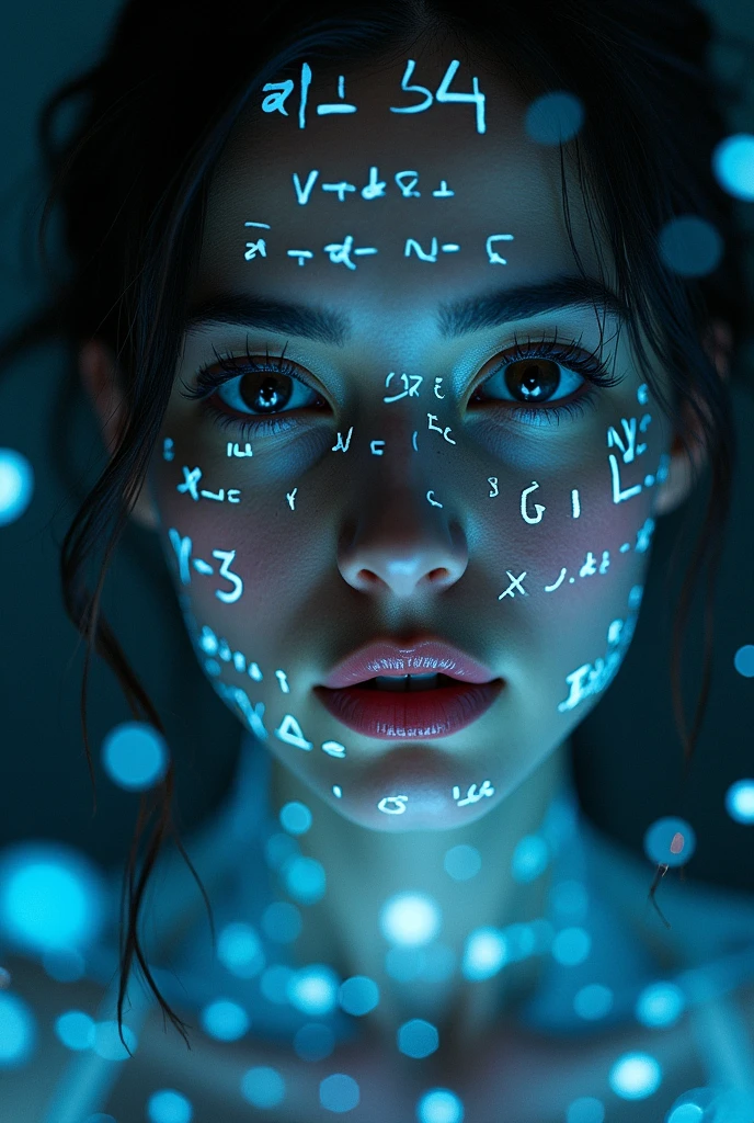 A full-body photorealistic shot of a woman with bright green holographic equations projected onto her skin. She has an intense gaze, with realistic facial features and body contours sharply defined by dramatic lighting. The background is dark, enhancing the cyberpunk aesthetic. The luminous mathematical formulas, styled like handwritten notes, softly glow, creating intricate patterns across her body. The atmosphere is futuristic and high-tech, with a strong contrast between light and shadow that highlights the complex interplay between technology and human expression.
