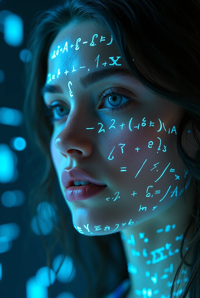 close up of a woman's face, glowing green holographic equations projected onto the skin. intense gaze, Realistic resources. darkness background, cyberpunk aesthetic. Luminous mathematical formulas, handwritten style. futurist, High-tech atmosphere. Photorealistic rendering, dramatic lighting, sharp contrast