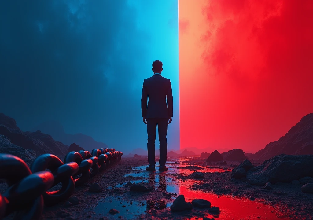 : Une personne travaillant dur, with strong colors (red blue). Adds a symbol of discipline like broken chains. The person is on the left with his head held high ---