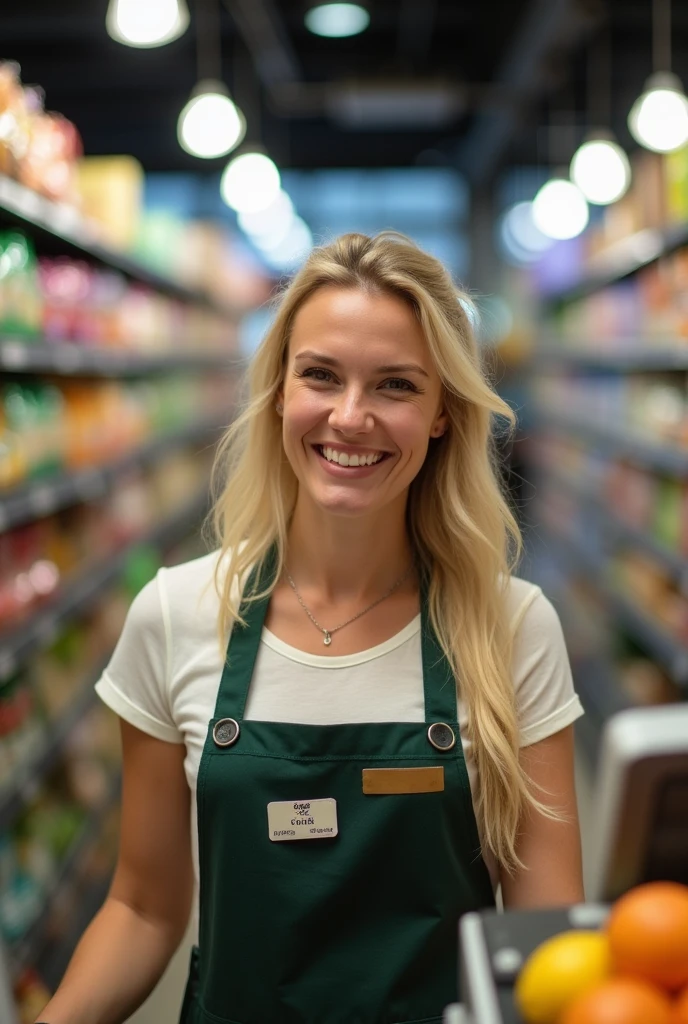 A photo of a blonde girl who worked as a geography teacher at a school but is now a supermarket cashier and is now very happy. Show that she is a cashier.