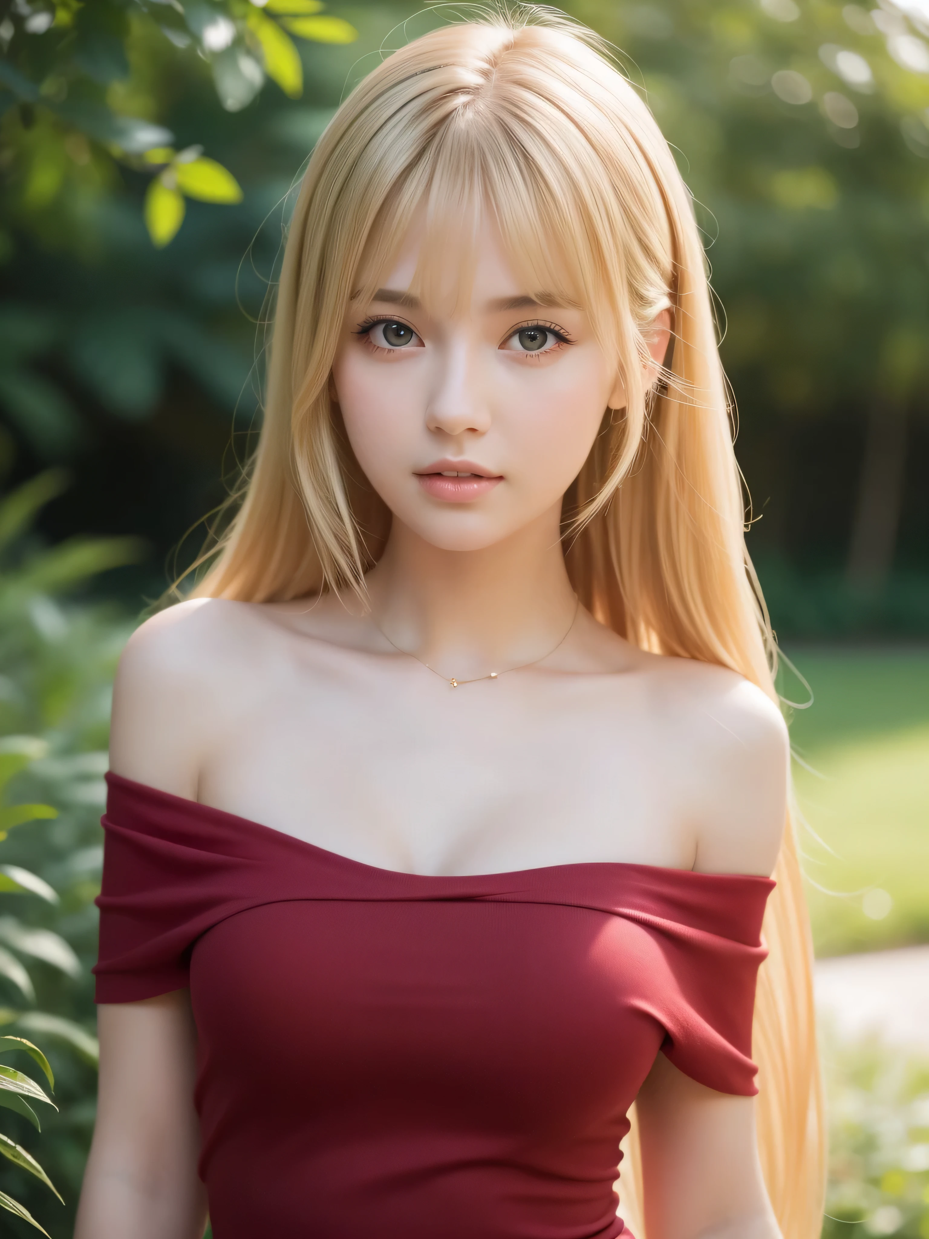 1girl in, age19, Solo, Long hair, Colossal , Looking at Viewer, blondehair, Bare shoulders, jewely, Full body, (Very detailed 8k wallpaper), Soft lighting, High quality, Film grain, Fujifilm XT3 sharp focus, F 5.6, high detailing, Sharp Focus,(Natural light), (gros-plan:1.2), (Seductive), off shoulder red t-shirt, Realistic, A sexy, a erotic, no bra