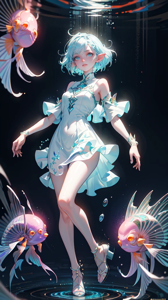 1girl,Wearing a dress，Fantasy dresses，complex dress，dynamicposes，In a mysterious underwater space，Colorful world，jelly fish，The fish，Magical aquatic creatures，with light glowing，
Detaile eyes, detailed face, detailed hands, elf woman, full body
absurderes,  unbelievable Ridiculous,  Ultra-detailed, A high resolution, Extremely detailed,

best qualtiy，tmasterpiece，Artistically，fanciful，C4D render,